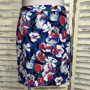 LN~J. Crew Blue/Red/White/Black~ Floral Basket Weave Cotton Pencil Skirt Size 2.